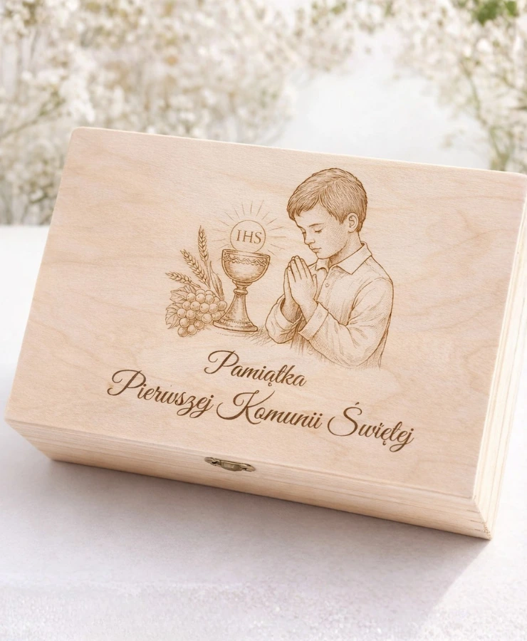 Skrzyneczka drewniana z grawerem pami膮tka komunii 艣wi臋tej